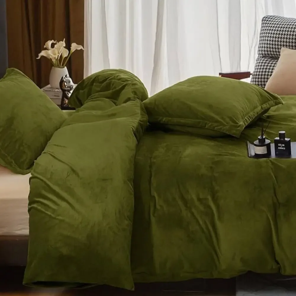 🆕 Olive Green Velvet Luxury Duvet Set Bedding High End Hotel Vibes QUEEN SET